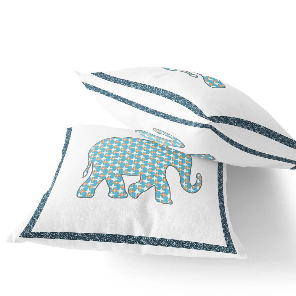 Blue, White Elephant Blown Seam Animal Print Indoor Outdoor Throw Pillow. Picture 3