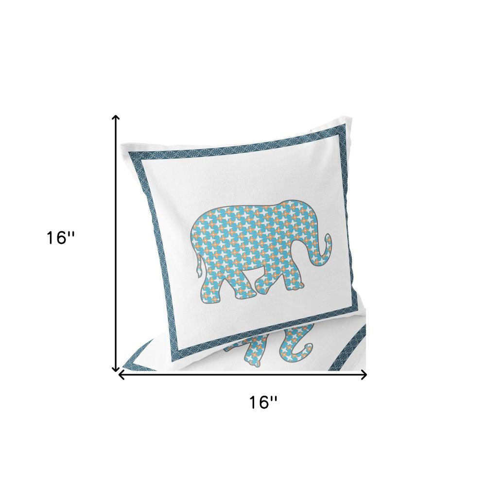 Blue, White Elephant Blown Seam Animal Print Indoor Outdoor Throw Pillow. Picture 8
