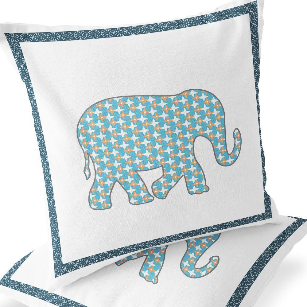 Blue, White Elephant Blown Seam Animal Print Indoor Outdoor Throw Pillow. Picture 5