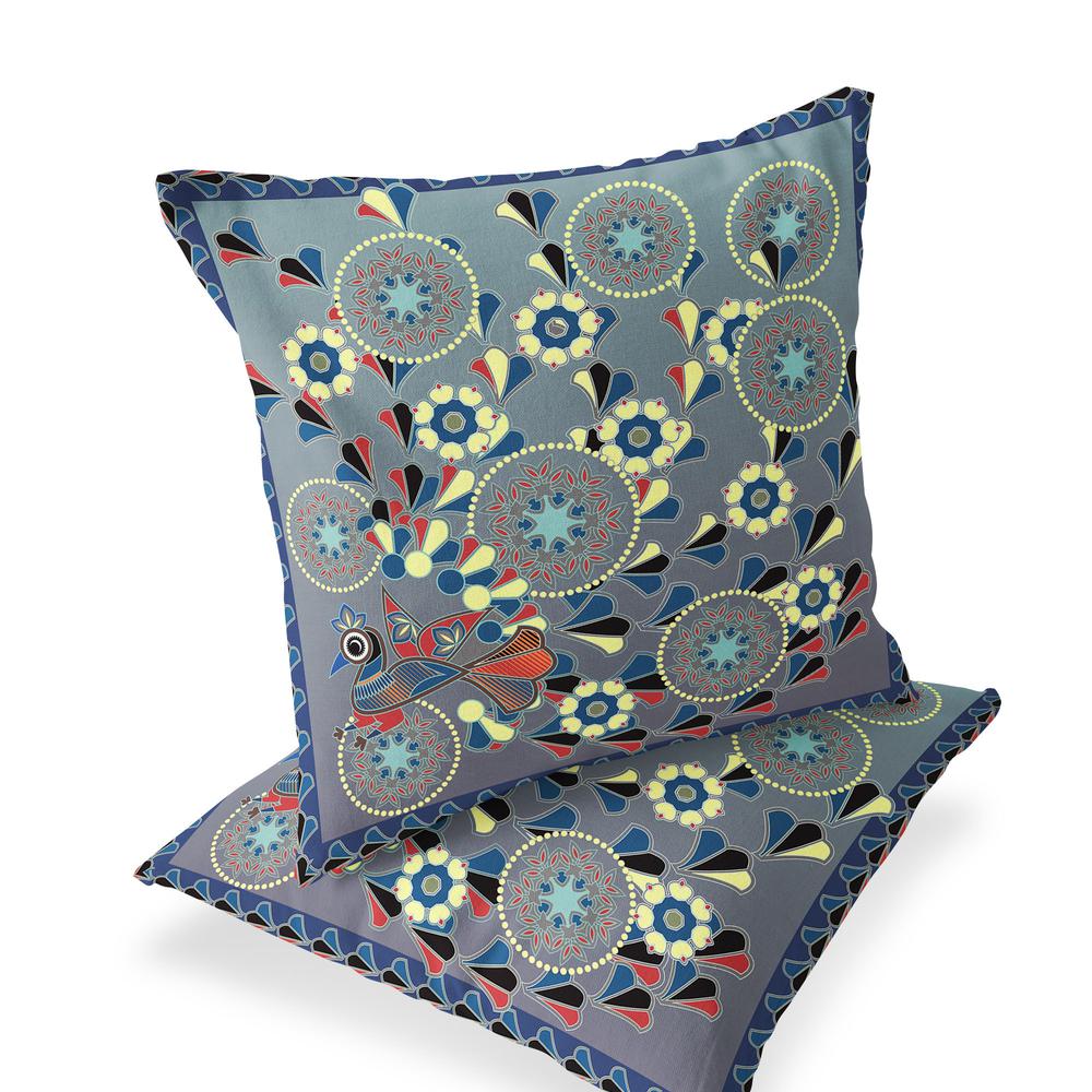 Gray, Blue Peacock Blown Seam Floral Indoor Outdoor Throw Pillow. Picture 1