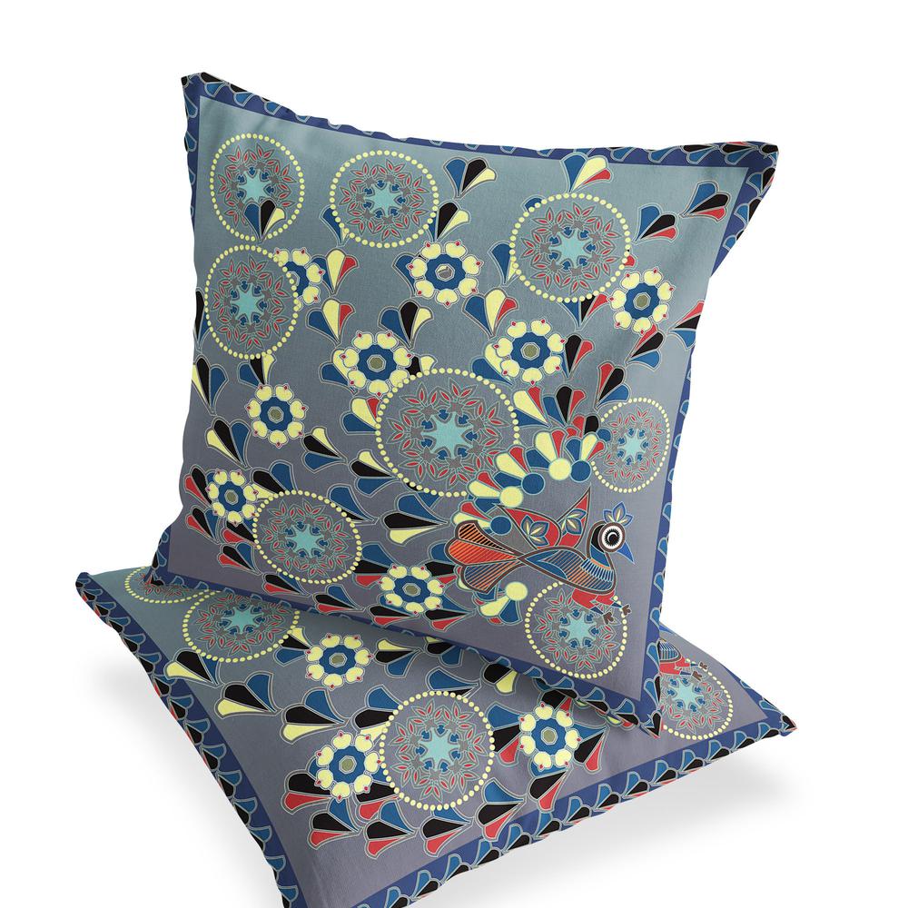 Gray, Blue Peacock Blown Seam Floral Indoor Outdoor Throw Pillow. Picture 3