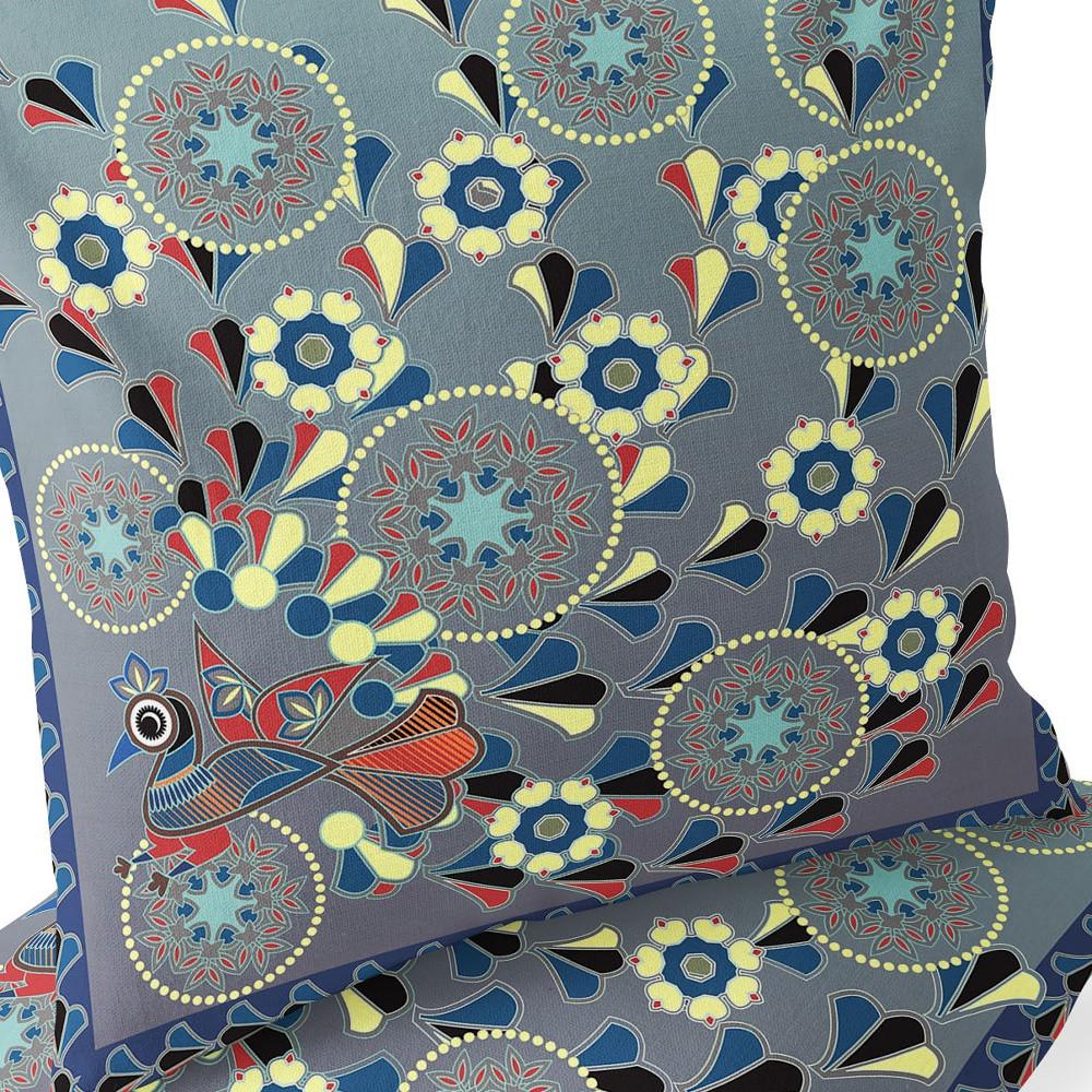 Gray, Blue Peacock Blown Seam Floral Indoor Outdoor Throw Pillow. Picture 6