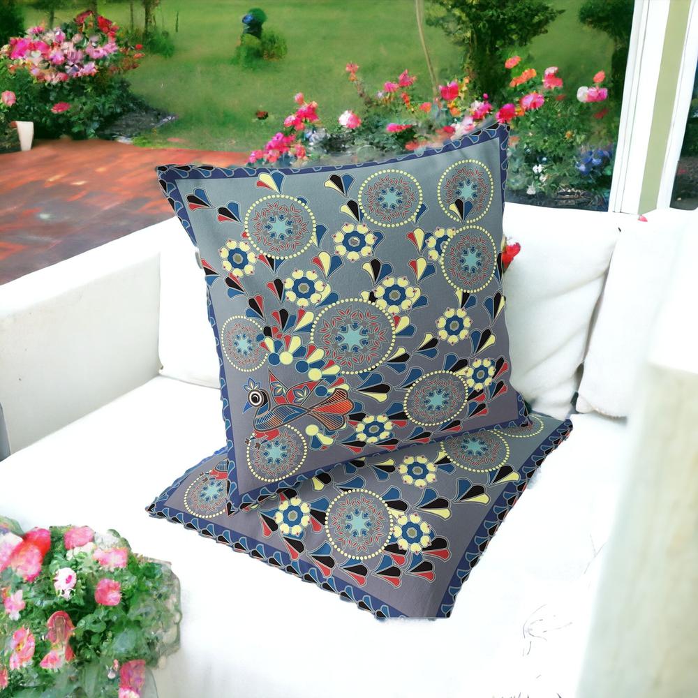 Gray, Blue Peacock Blown Seam Floral Indoor Outdoor Throw Pillow. Picture 2