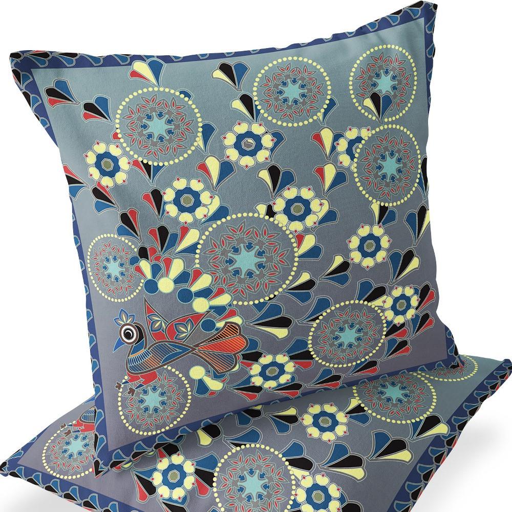 Gray, Blue Peacock Blown Seam Floral Indoor Outdoor Throw Pillow. Picture 4