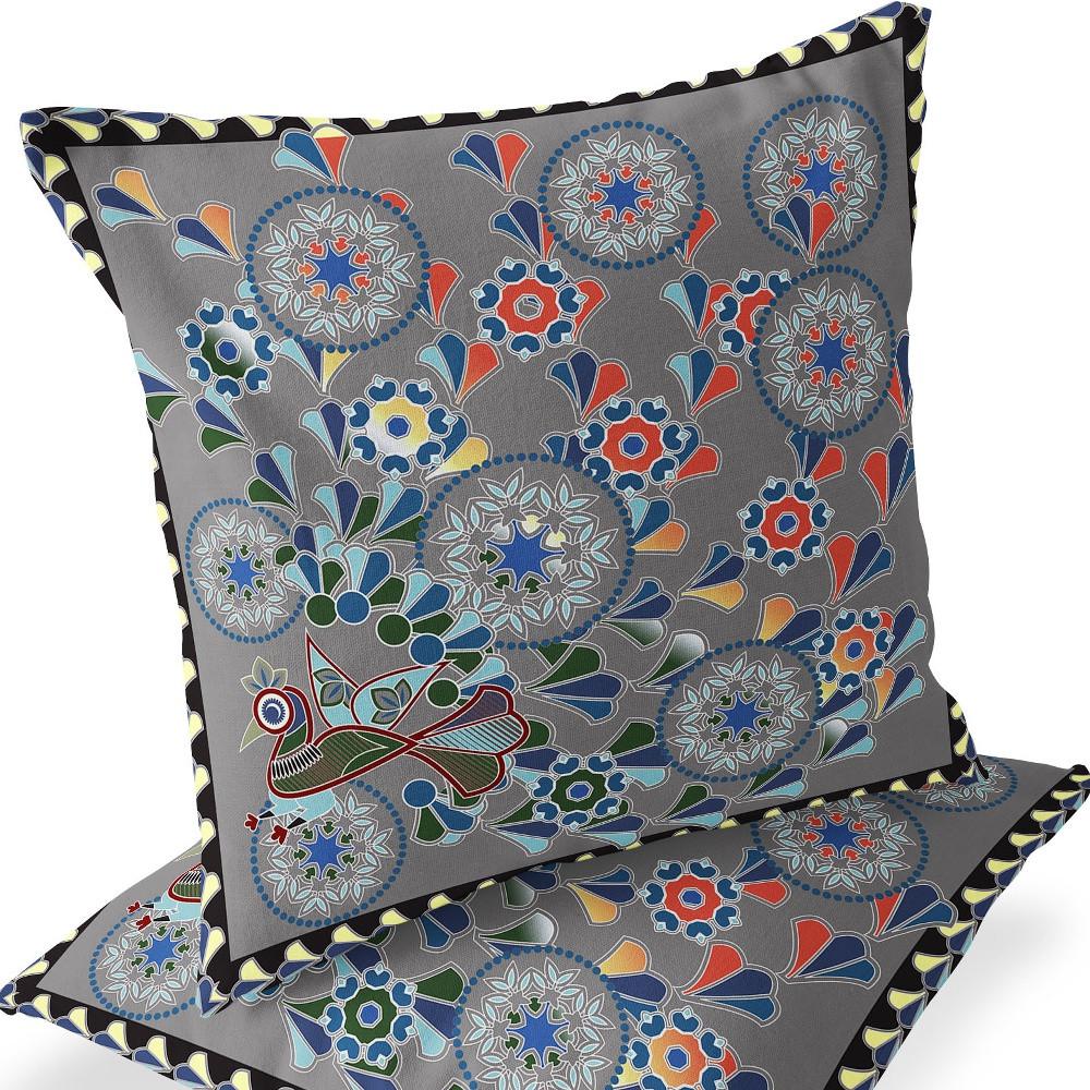 Gray, Yellow Peacock Blown Seam Floral Indoor Outdoor Throw Pillow. Picture 6