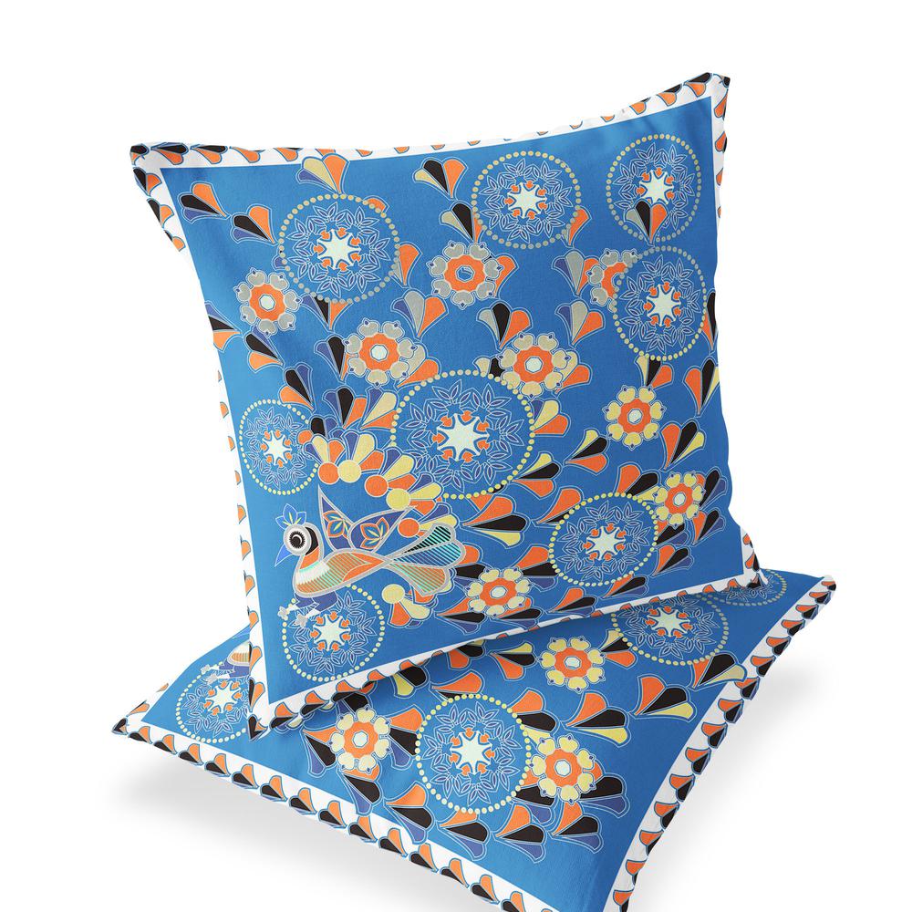 Blue, Orange Peacock Blown Seam Floral Indoor Outdoor Throw Pillow. Picture 1
