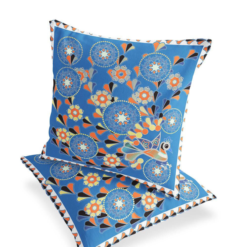 Blue, Orange Peacock Blown Seam Floral Indoor Outdoor Throw Pillow. Picture 4