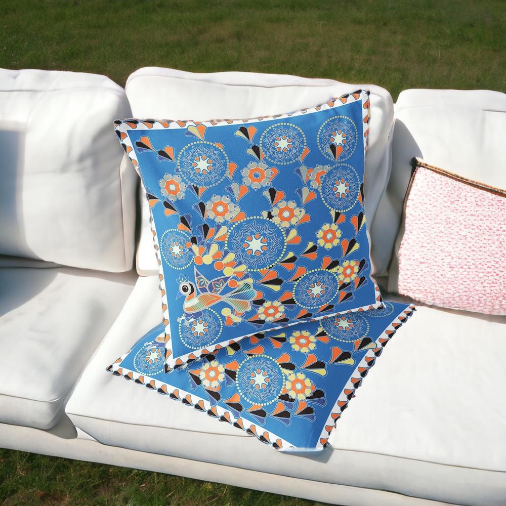 Blue, Orange Peacock Blown Seam Floral Indoor Outdoor Throw Pillow. Picture 2