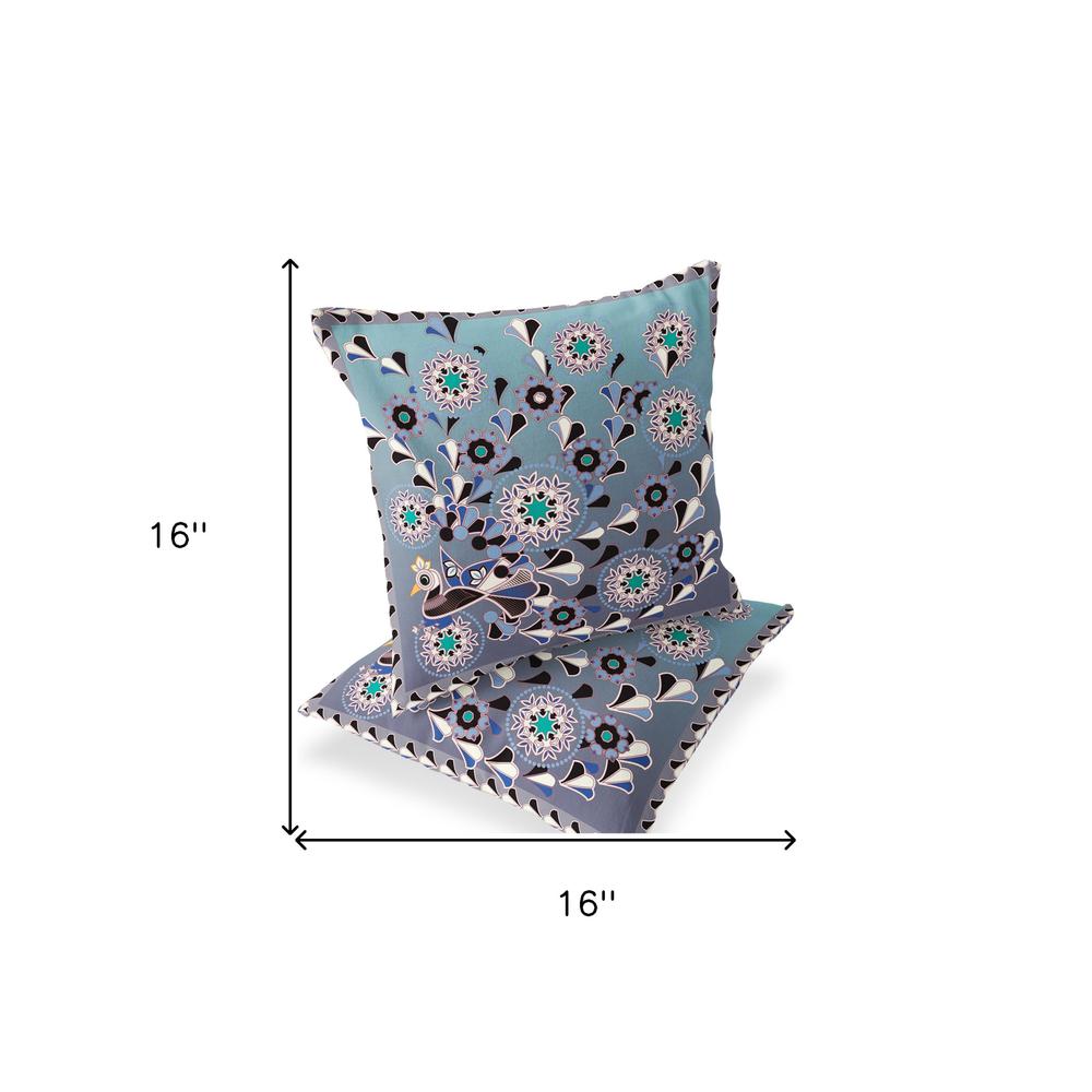 Blue, Purple Peacock Blown Seam Floral Indoor Outdoor Throw Pillow. Picture 8
