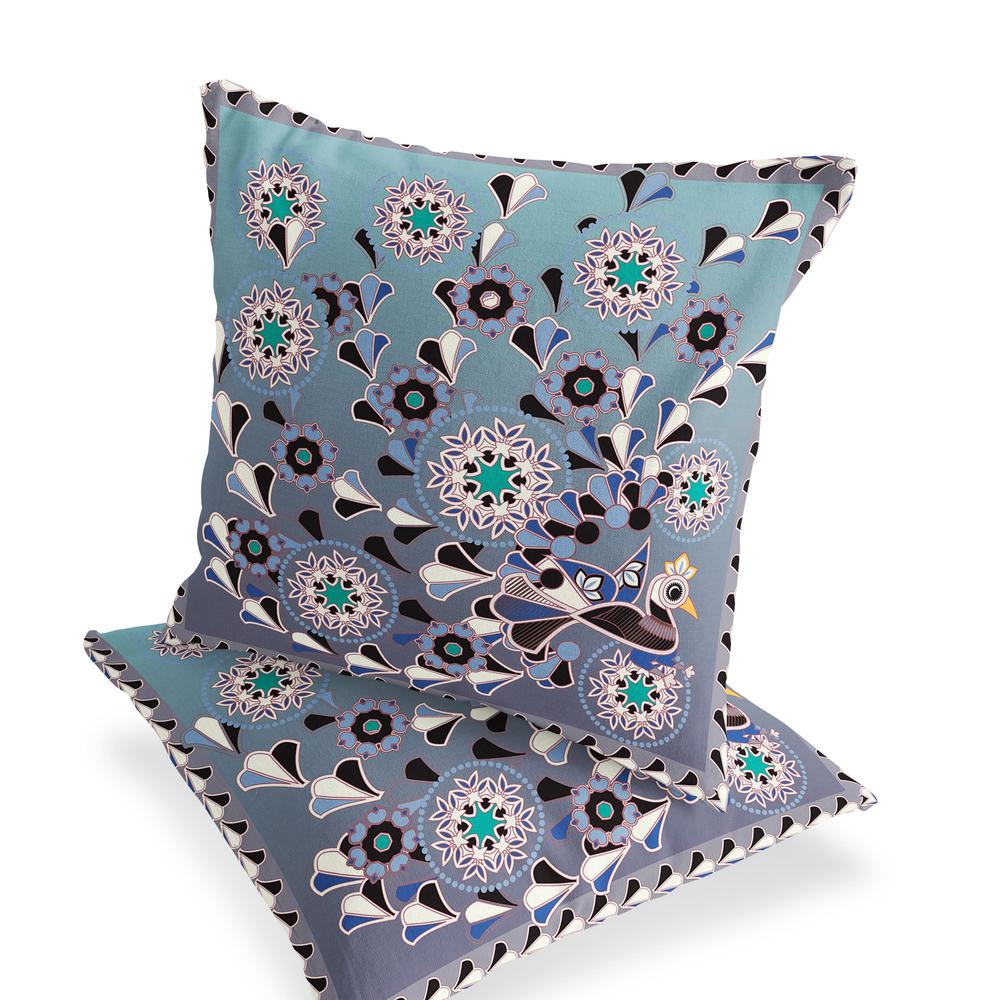 Blue, Purple Peacock Blown Seam Floral Indoor Outdoor Throw Pillow. Picture 4