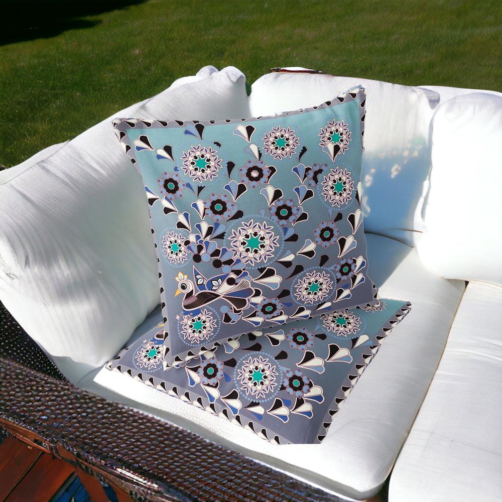 Blue, Purple Peacock Blown Seam Floral Indoor Outdoor Throw Pillow. Picture 2