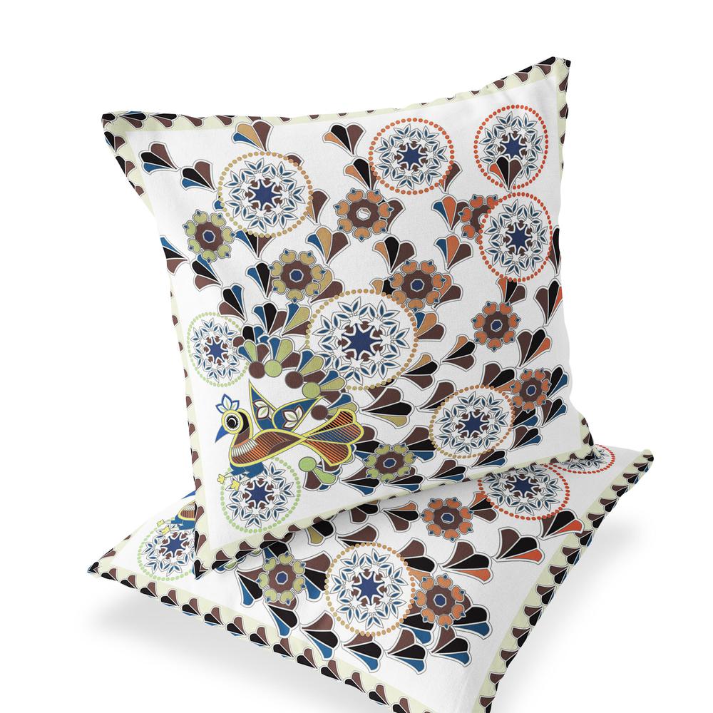 Blue, Off White Peacock Blown Seam Floral Indoor Outdoor Throw Pillow. Picture 1