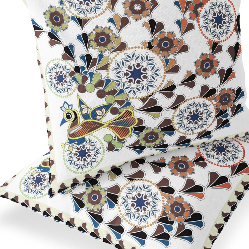 Blue, Off White Peacock Blown Seam Floral Indoor Outdoor Throw Pillow. Picture 7