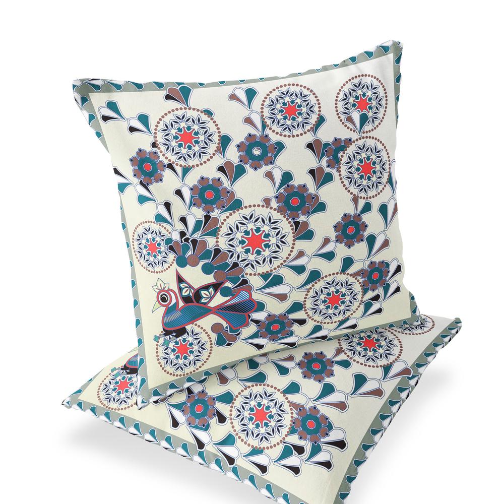 Black, Off White Peacock Blown Seam Floral Indoor Outdoor Throw Pillow. Picture 1