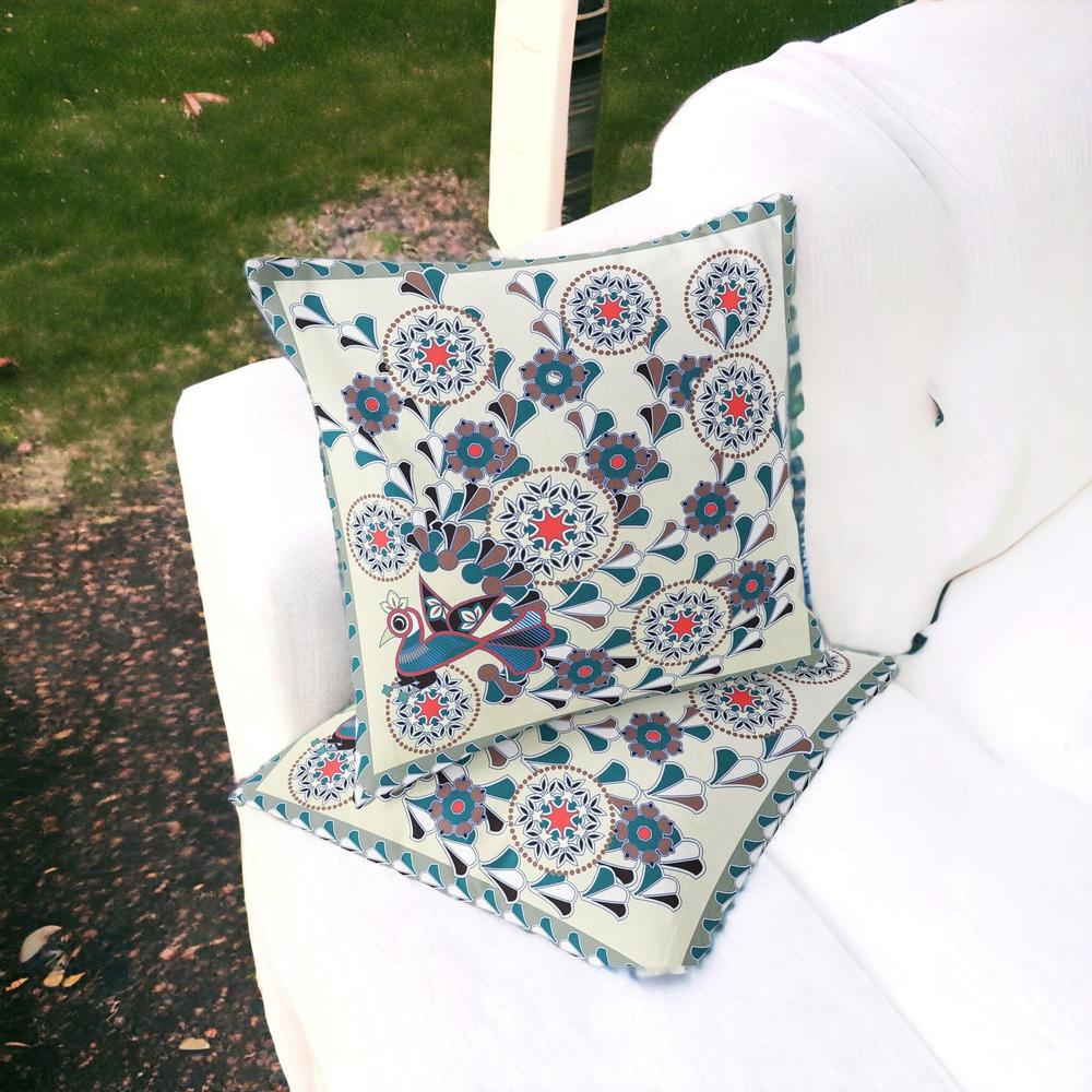 Black, Off White Peacock Blown Seam Floral Indoor Outdoor Throw Pillow. Picture 2