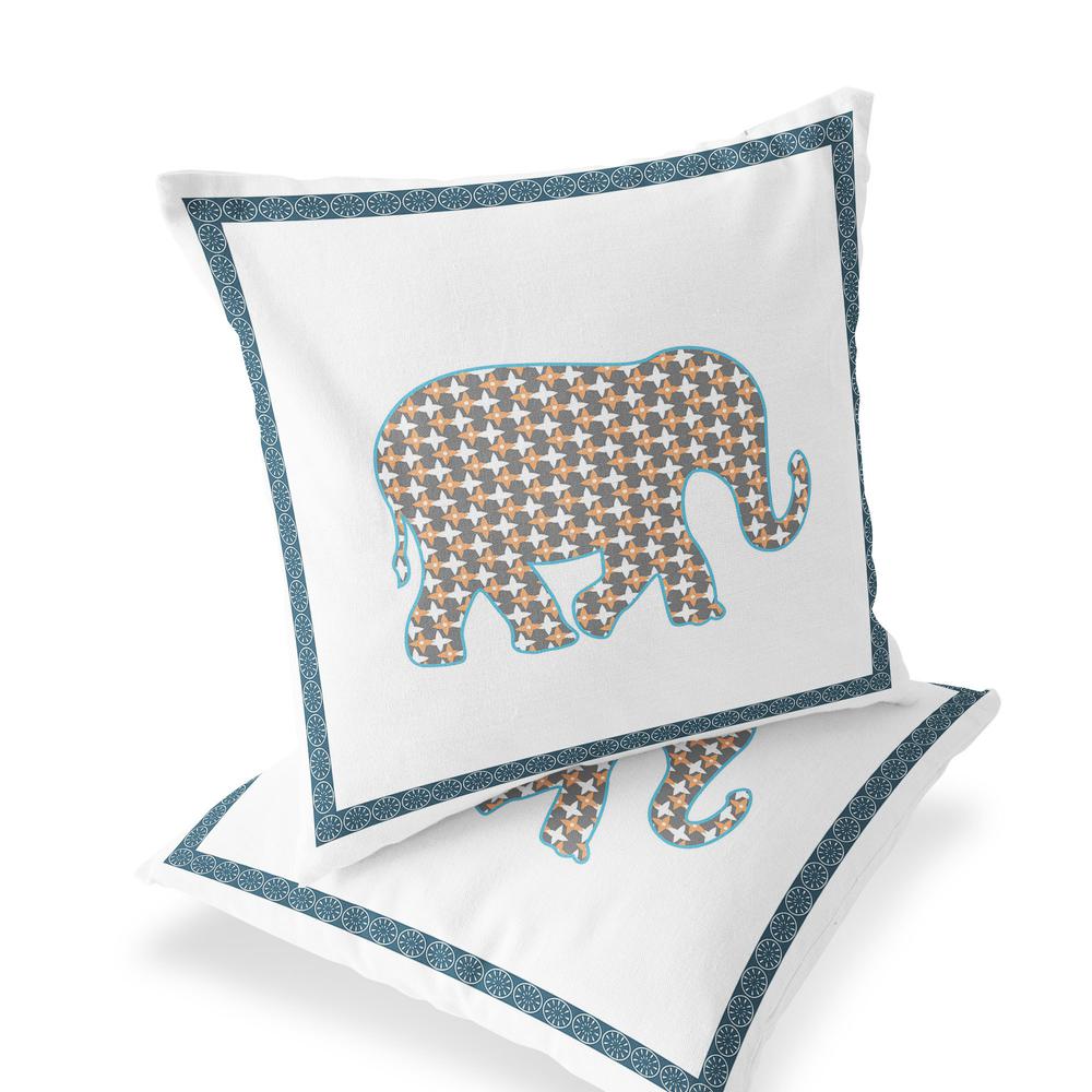 Gold, White Elephant Blown Seam Animal Print Indoor Outdoor Throw Pillow. Picture 1