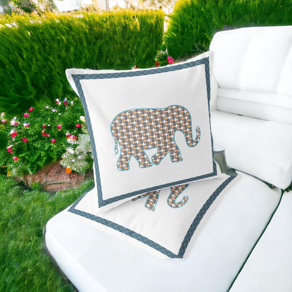 Gold, White Elephant Blown Seam Animal Print Indoor Outdoor Throw Pillow. Picture 2