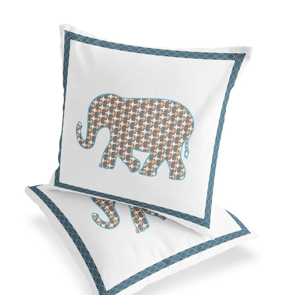Gold, White Elephant Blown Seam Animal Print Indoor Outdoor Throw Pillow. Picture 4