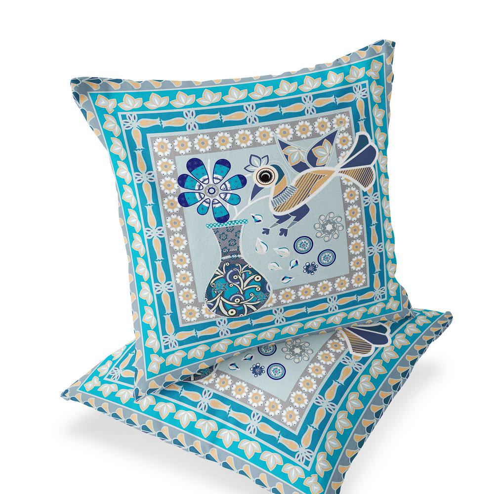 Blue, Gold Peacock Blown Seam Floral Indoor Outdoor Throw Pillow. Picture 1