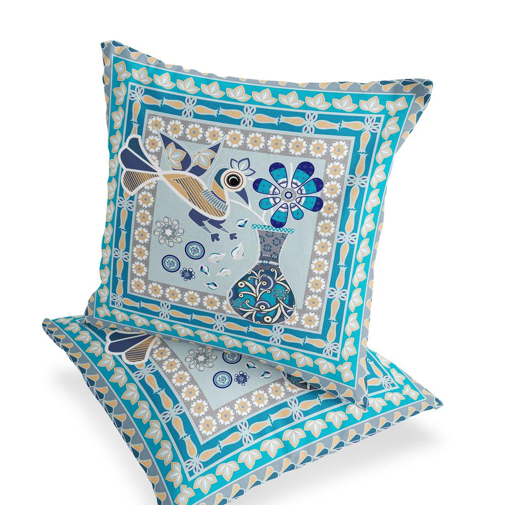 Blue, Gold Peacock Blown Seam Floral Indoor Outdoor Throw Pillow. Picture 4