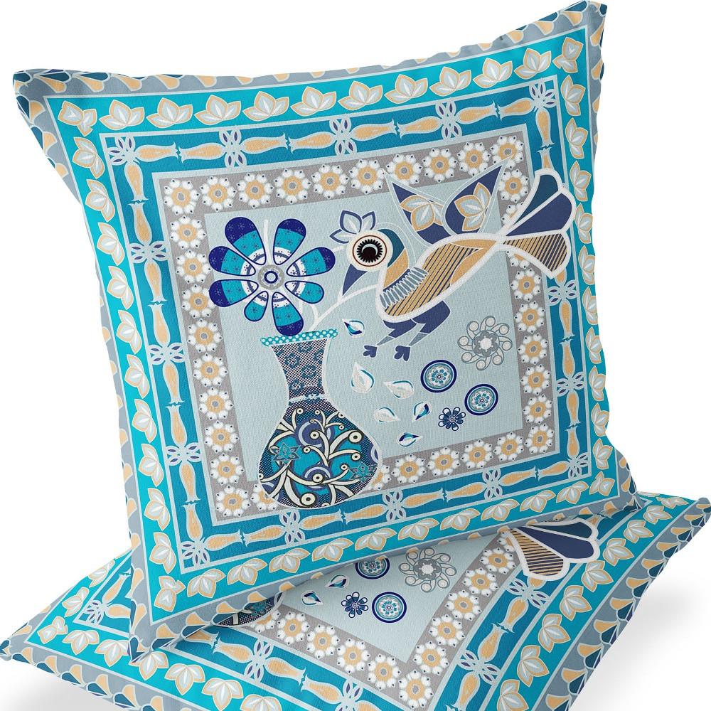 Blue, Gold Peacock Blown Seam Floral Indoor Outdoor Throw Pillow. Picture 5