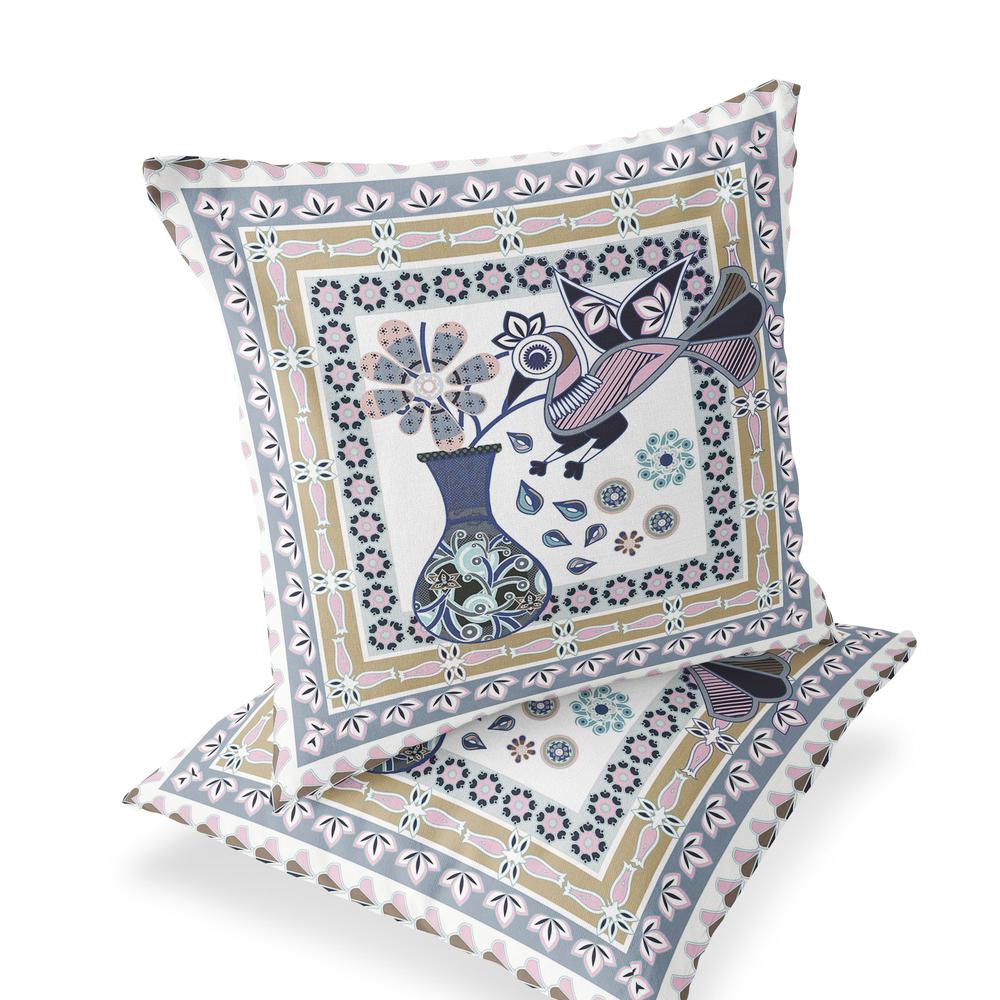 Beige, White Peacock Blown Seam Floral Indoor Outdoor Throw Pillow. Picture 1