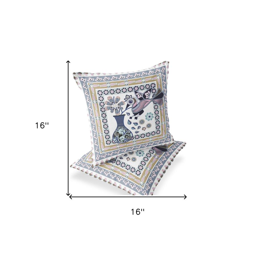 Beige, White Peacock Blown Seam Floral Indoor Outdoor Throw Pillow. Picture 7