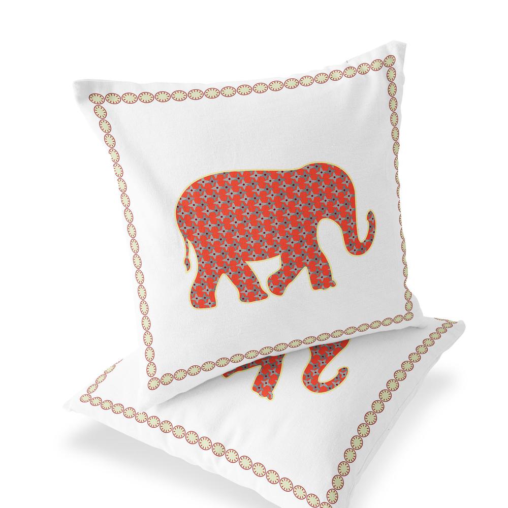 Orange, White Elephant Blown Seam Animal Print Indoor Outdoor Throw Pillow. Picture 1