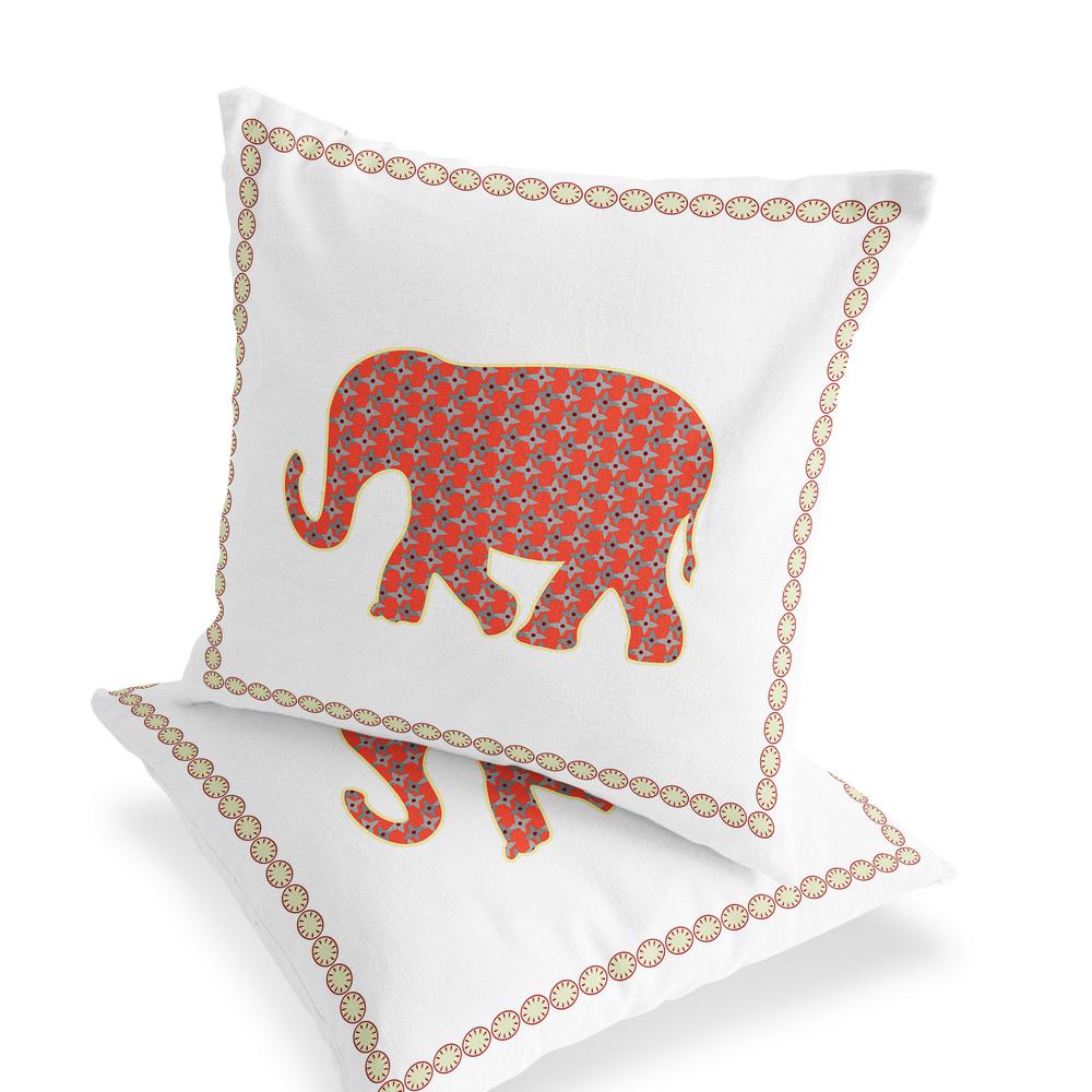 Orange, White Elephant Blown Seam Animal Print Indoor Outdoor Throw Pillow. Picture 3