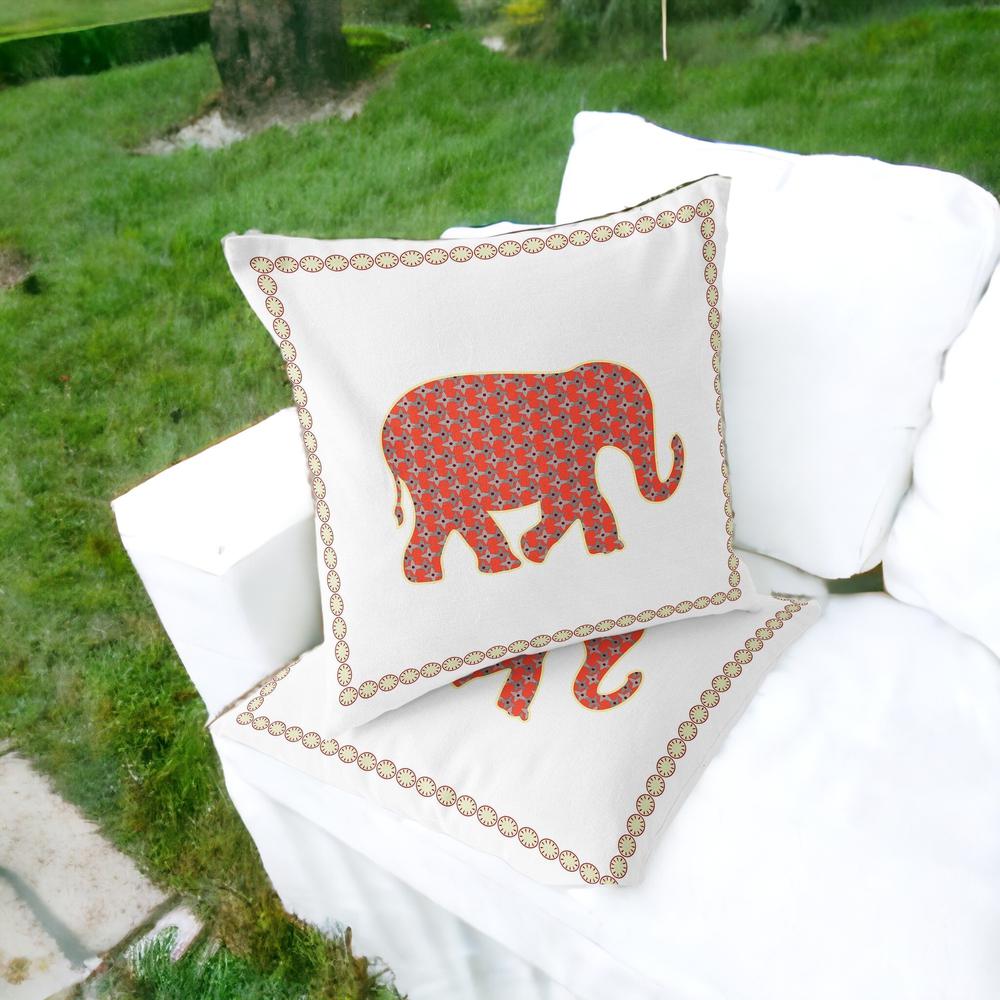 Orange, White Elephant Blown Seam Animal Print Indoor Outdoor Throw Pillow. Picture 2
