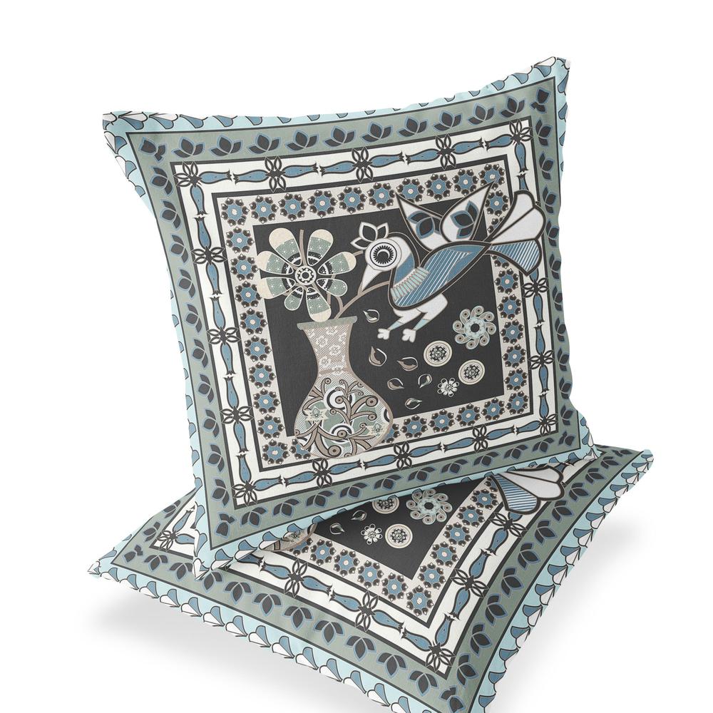 Black, Blue Peacock Blown Seam Floral Indoor Outdoor Throw Pillow. Picture 1