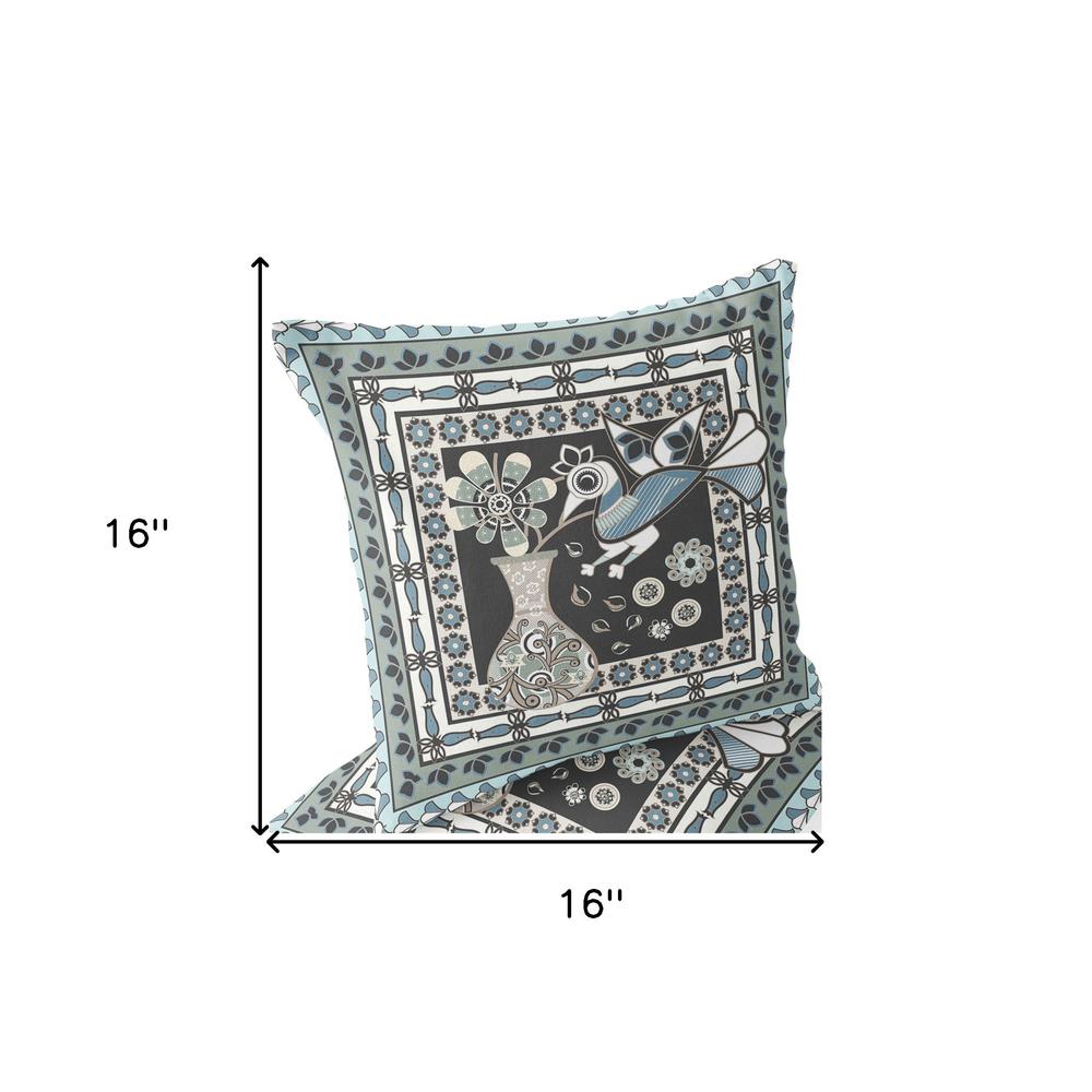 Black, Blue Peacock Blown Seam Floral Indoor Outdoor Throw Pillow. Picture 8