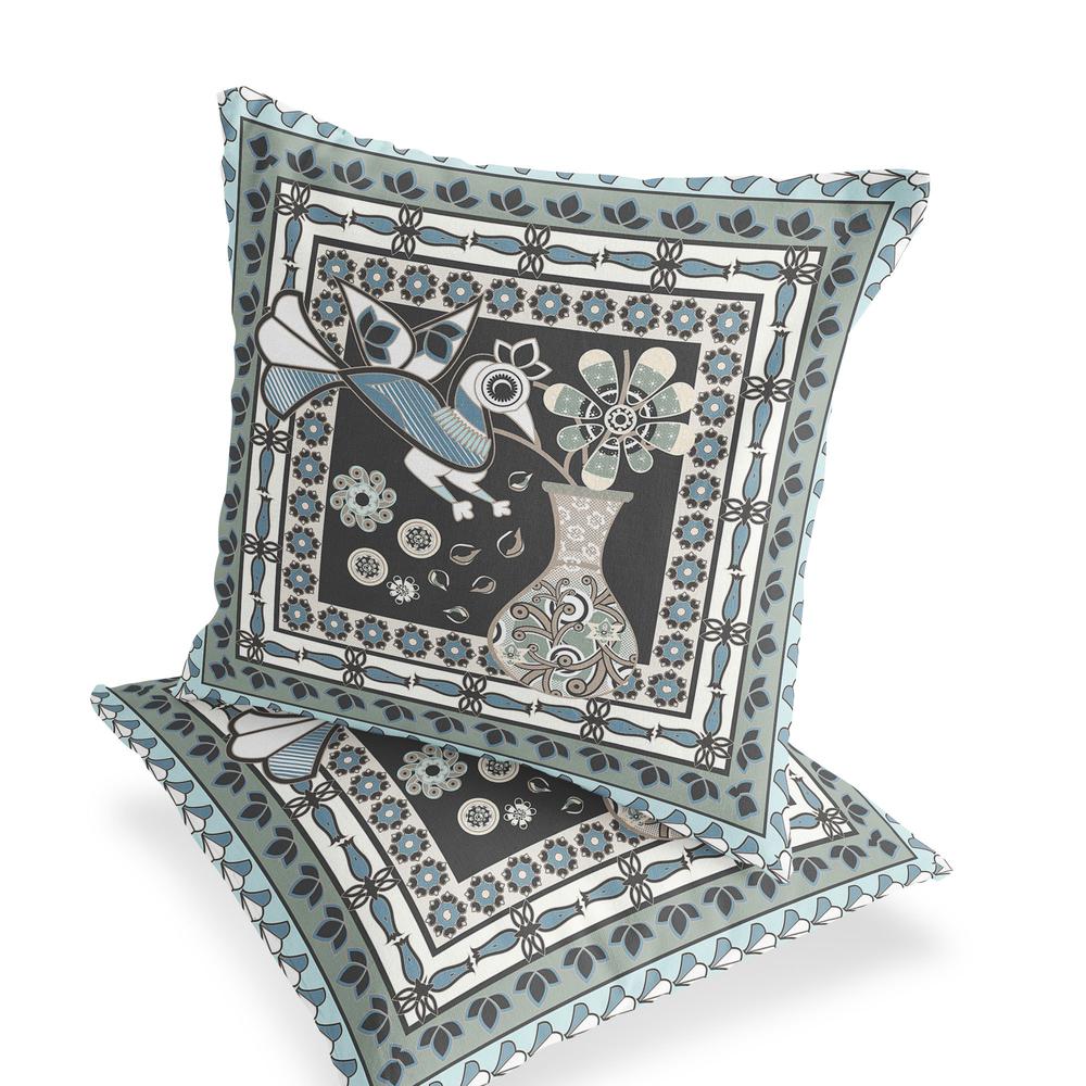 Black, Blue Peacock Blown Seam Floral Indoor Outdoor Throw Pillow. Picture 4
