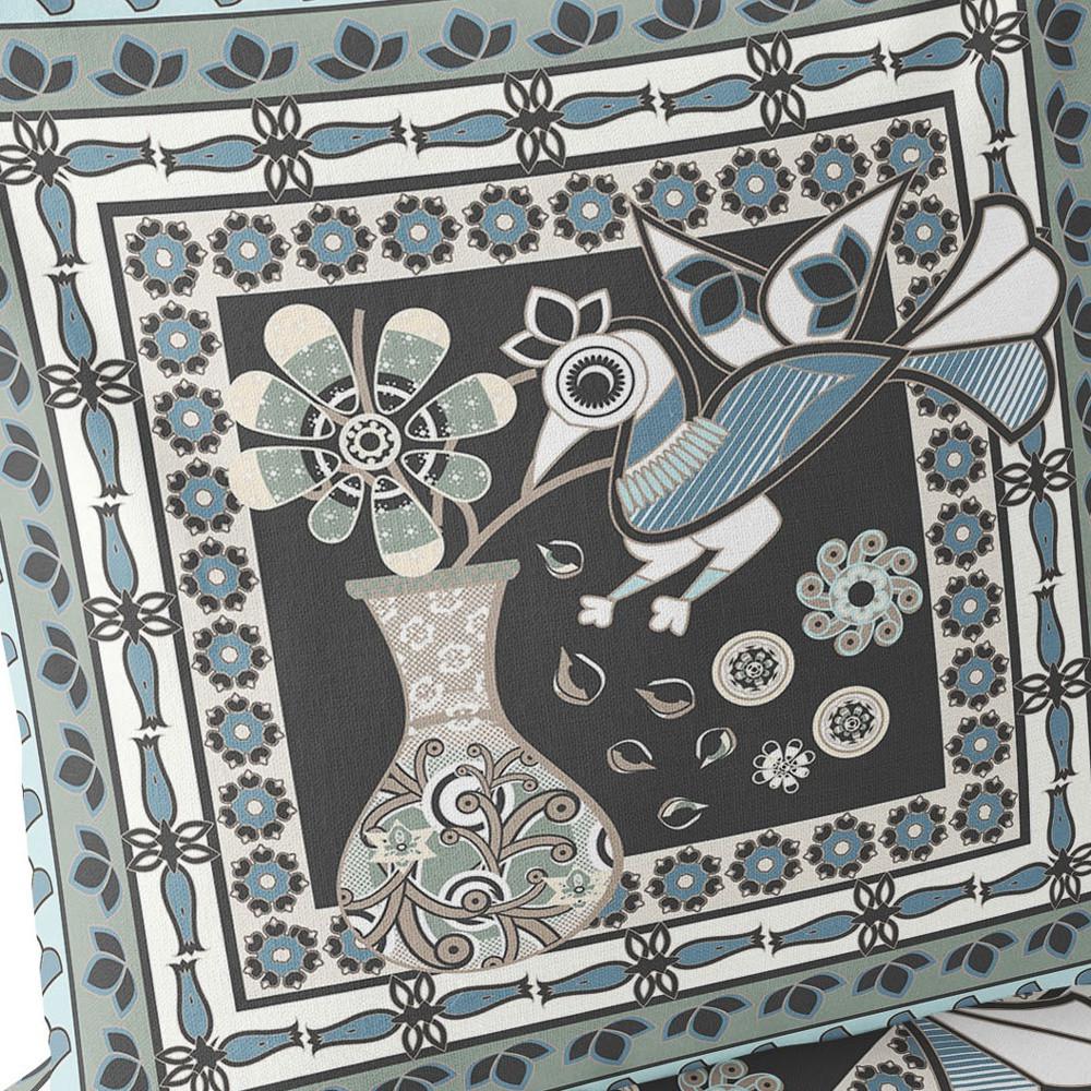 Black, Blue Peacock Blown Seam Floral Indoor Outdoor Throw Pillow. Picture 5