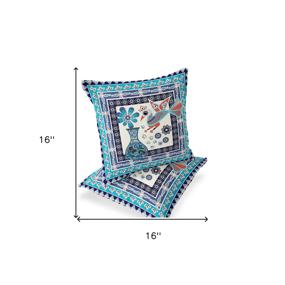 Blue, Off White Peacock Blown Seam Floral Indoor Outdoor Throw Pillow. Picture 8