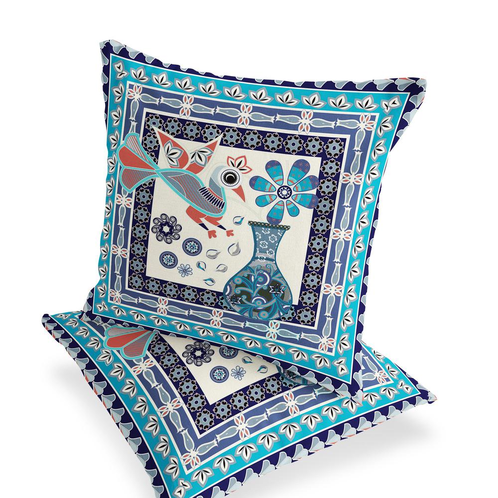 Blue, Off White Peacock Blown Seam Floral Indoor Outdoor Throw Pillow. Picture 4