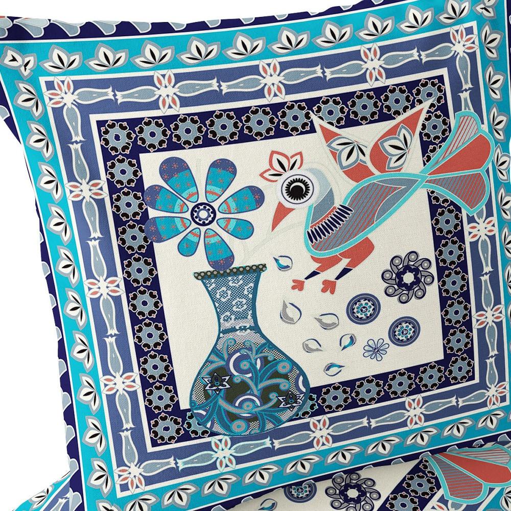 Blue, Off White Peacock Blown Seam Floral Indoor Outdoor Throw Pillow. Picture 6