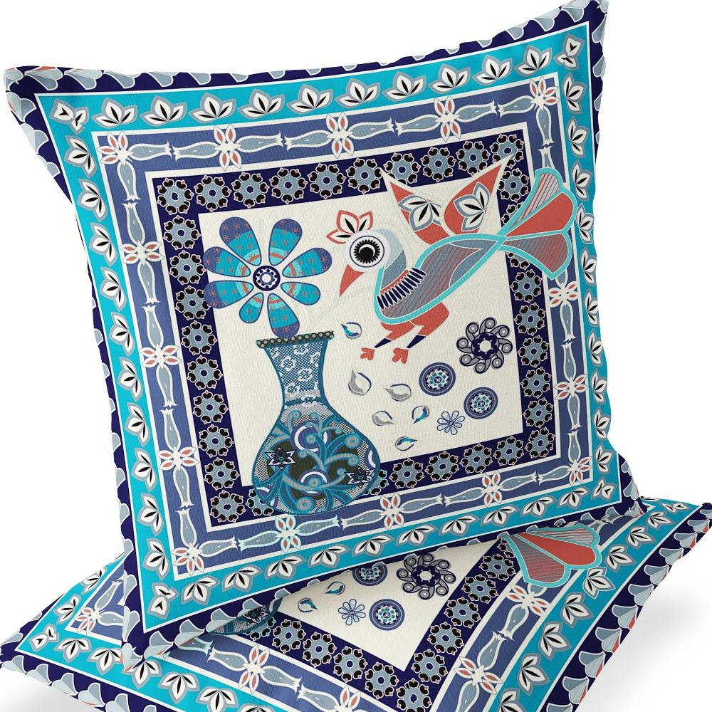Blue, Off White Peacock Blown Seam Floral Indoor Outdoor Throw Pillow. Picture 5