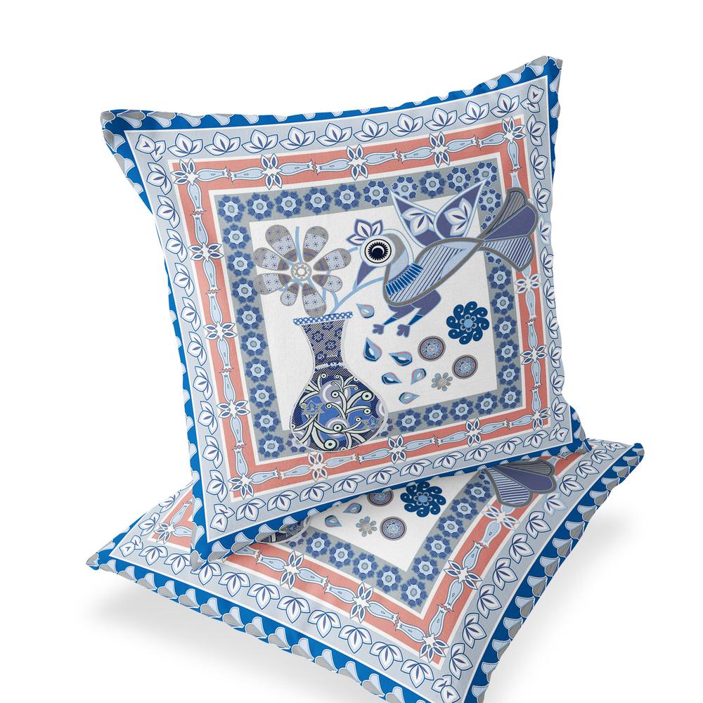 Blue, Gray Peacock Blown Seam Floral Indoor Outdoor Throw Pillow. Picture 1