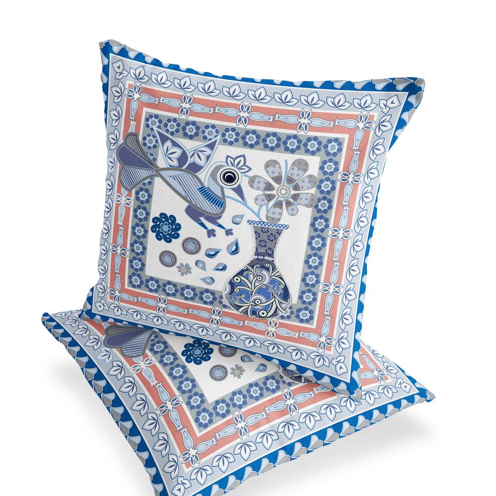 Blue, Gray Peacock Blown Seam Floral Indoor Outdoor Throw Pillow. Picture 4