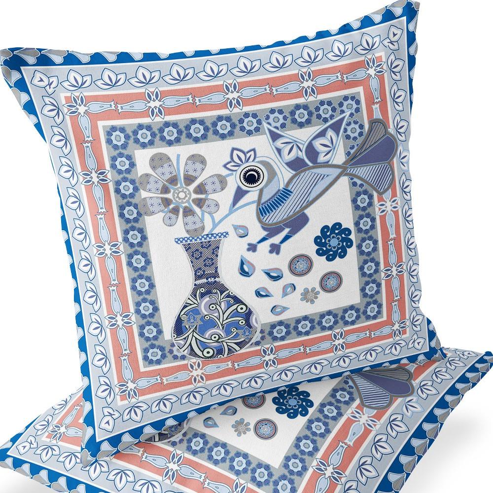 Blue, Gray Peacock Blown Seam Floral Indoor Outdoor Throw Pillow. Picture 5