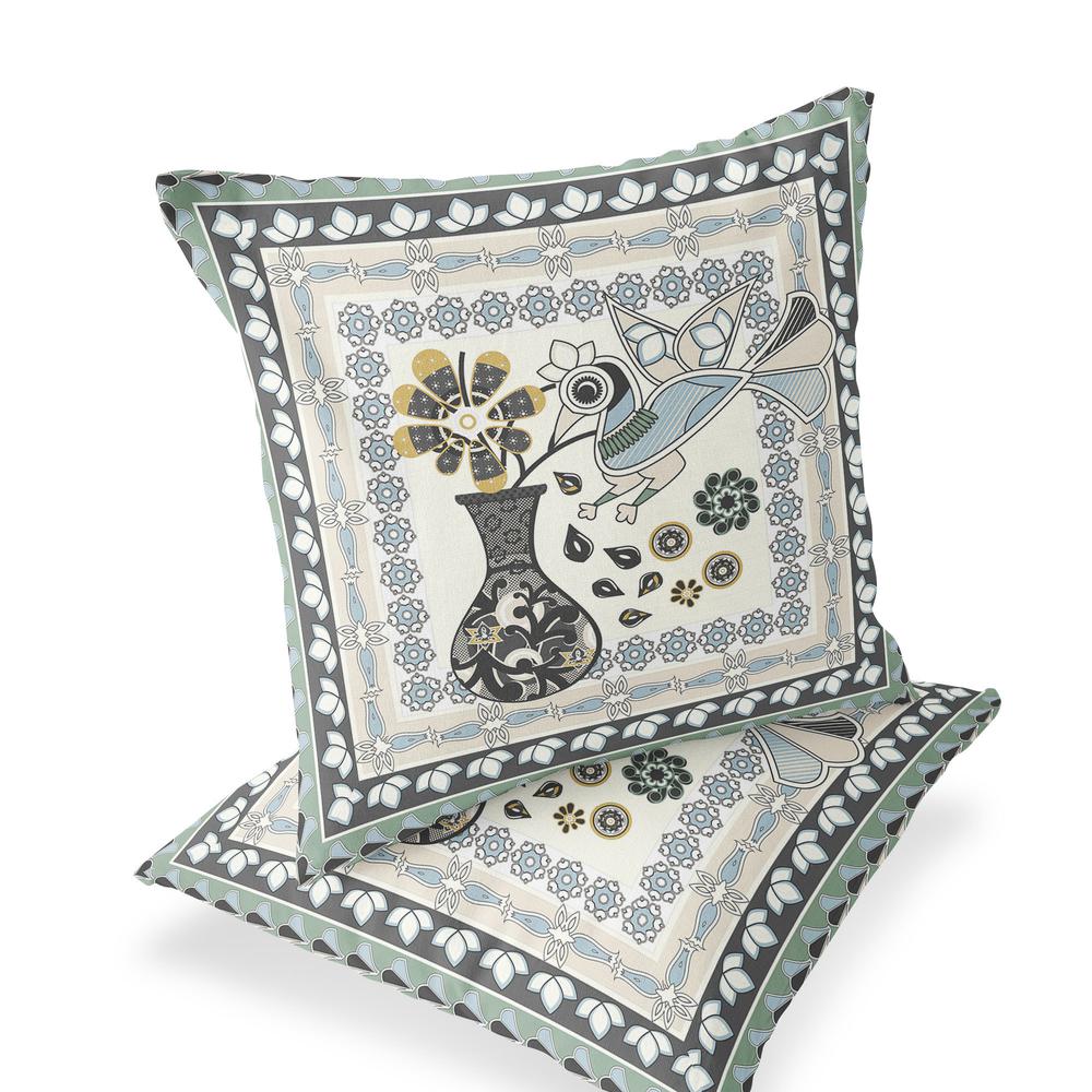 Black, Gray Peacock Blown Seam Floral Indoor Outdoor Throw Pillow. Picture 1
