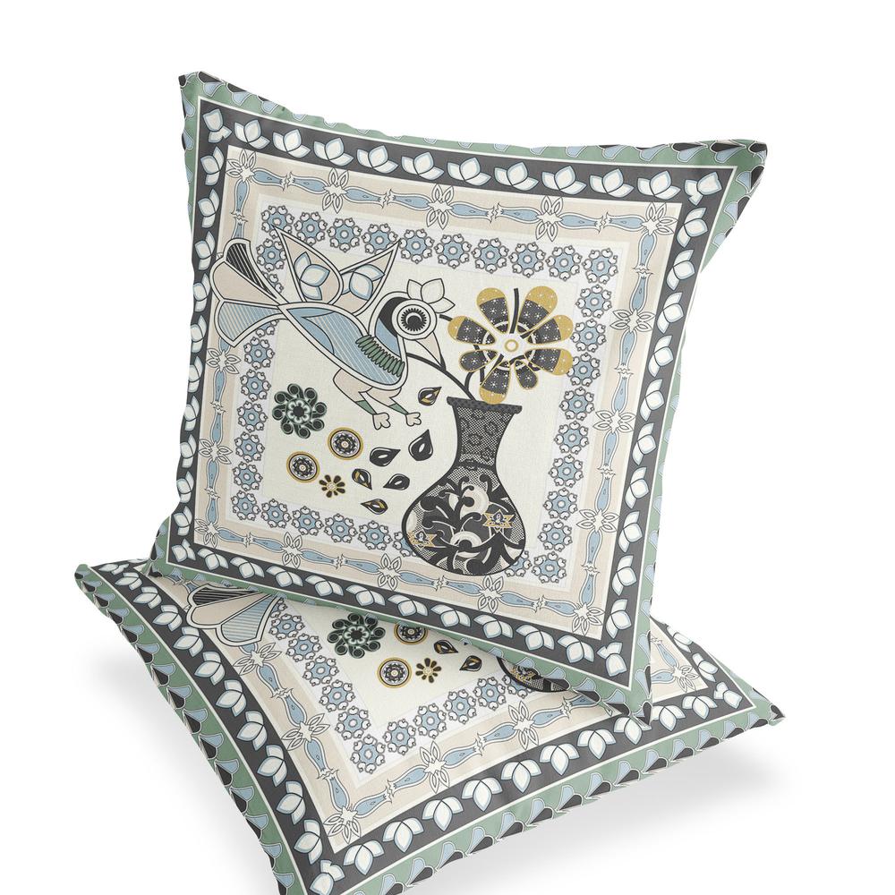 Black, Gray Peacock Blown Seam Floral Indoor Outdoor Throw Pillow. Picture 4