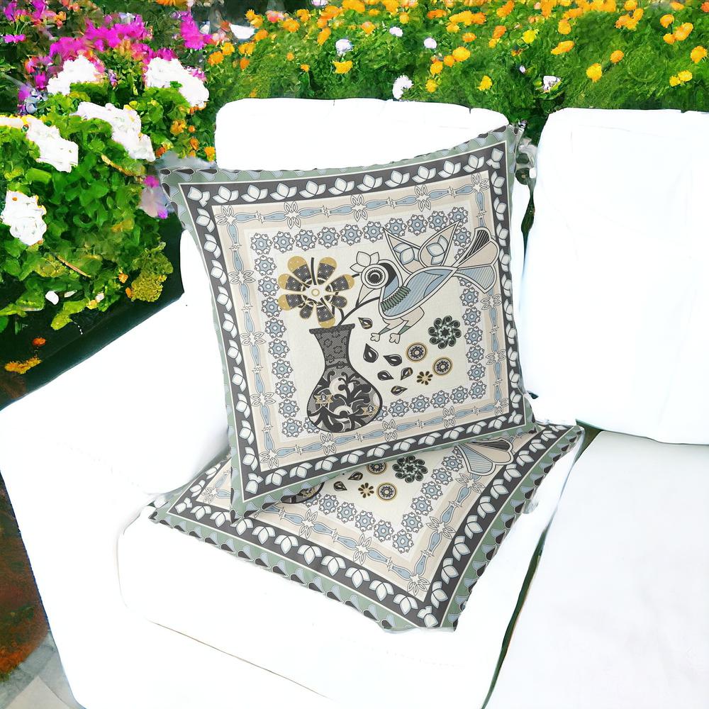 Black, Gray Peacock Blown Seam Floral Indoor Outdoor Throw Pillow. Picture 2