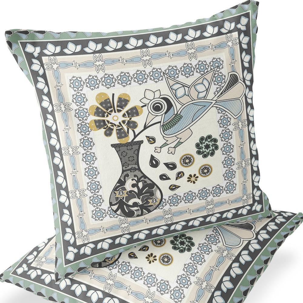 Black, Gray Peacock Blown Seam Floral Indoor Outdoor Throw Pillow. Picture 5