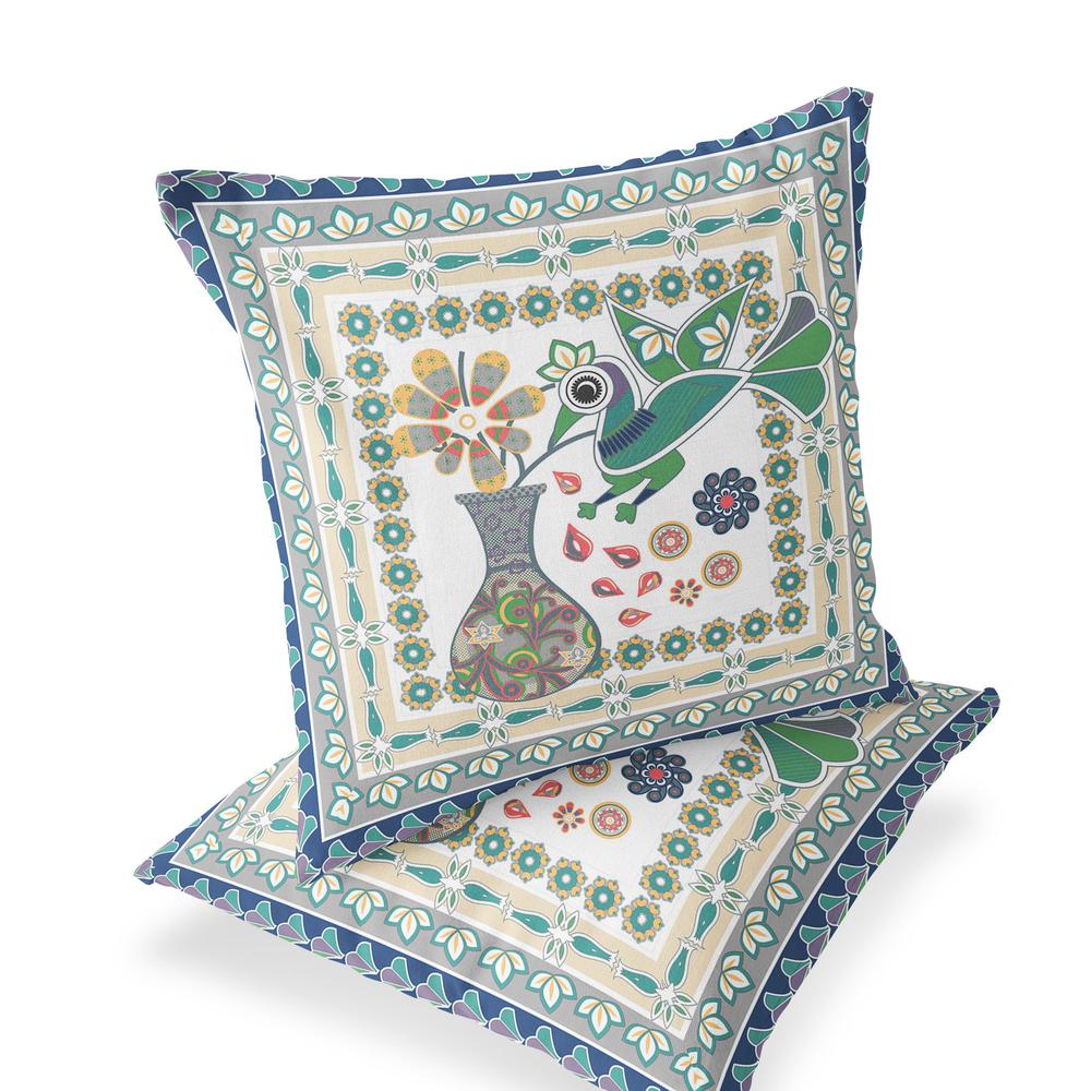 Green, Yellow Peacock Blown Seam Floral Indoor Outdoor Throw Pillow. Picture 1