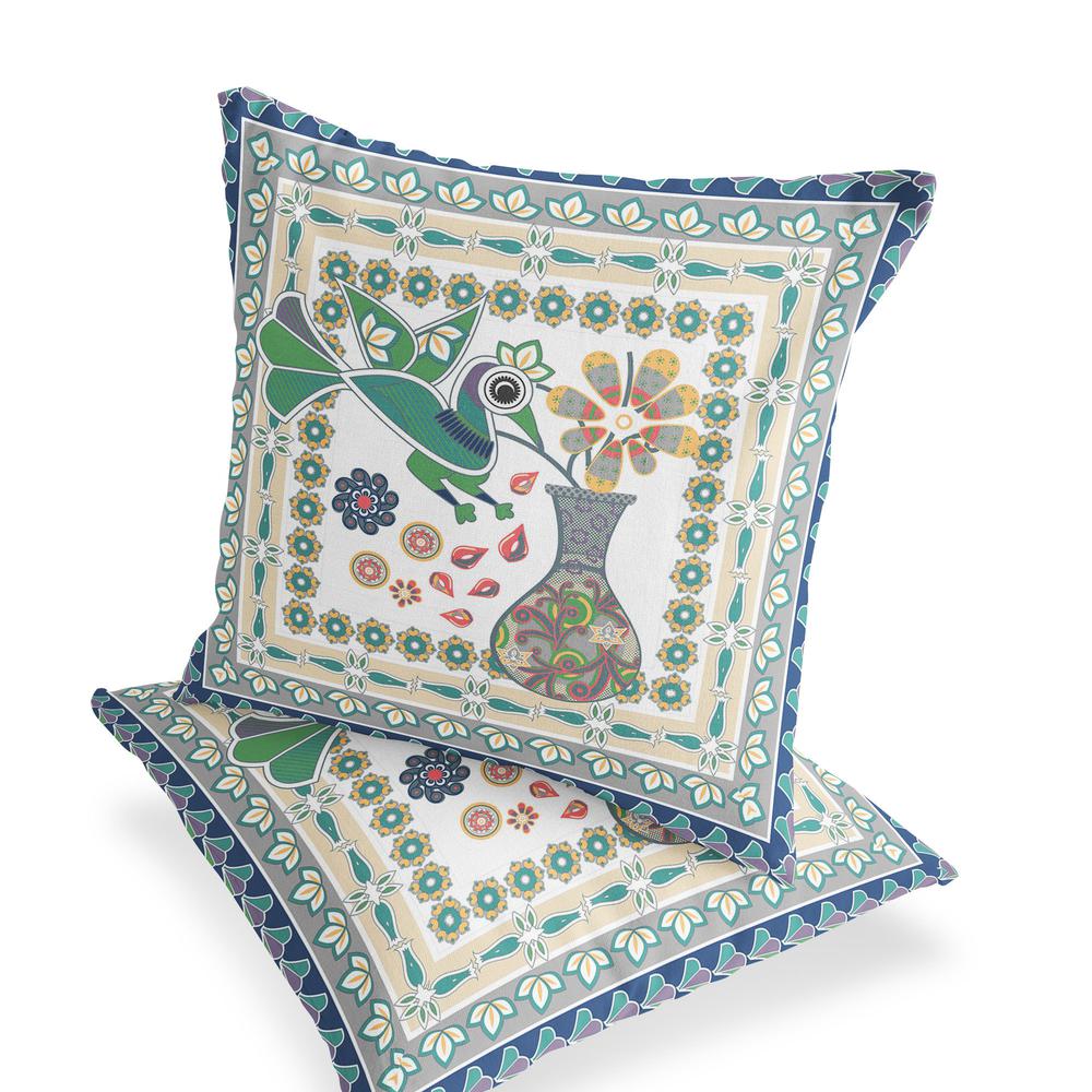 Green, Yellow Peacock Blown Seam Floral Indoor Outdoor Throw Pillow. Picture 7