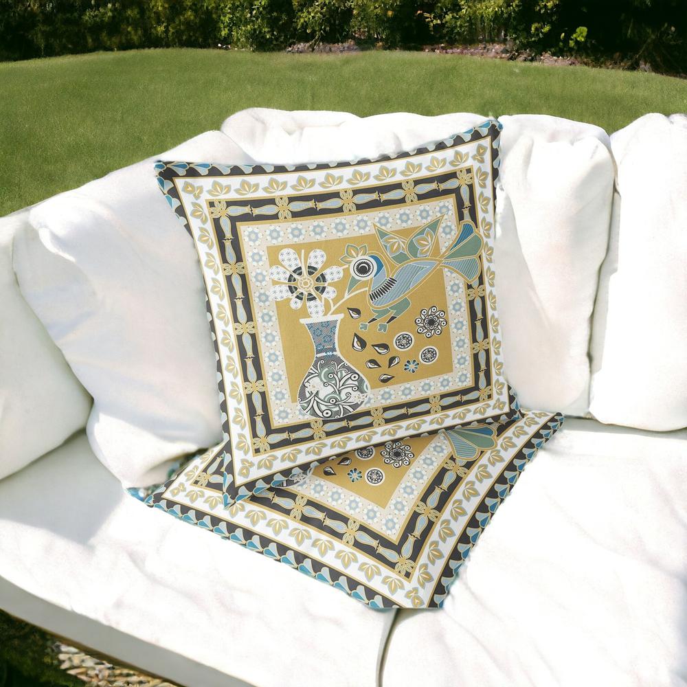 Beige, White Peacock Blown Seam Floral Indoor Outdoor Throw Pillow. Picture 2