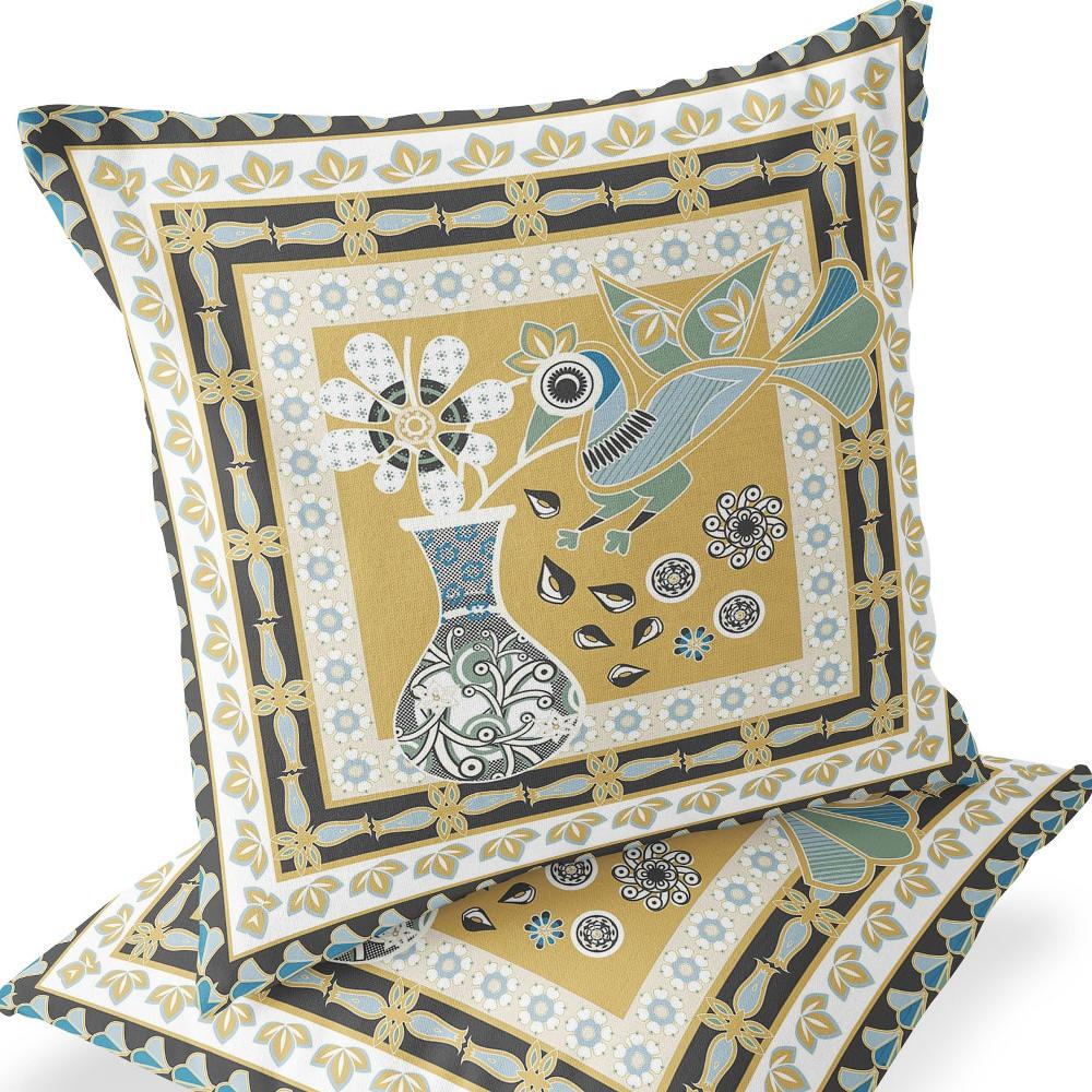 Beige, White Peacock Blown Seam Floral Indoor Outdoor Throw Pillow. Picture 7
