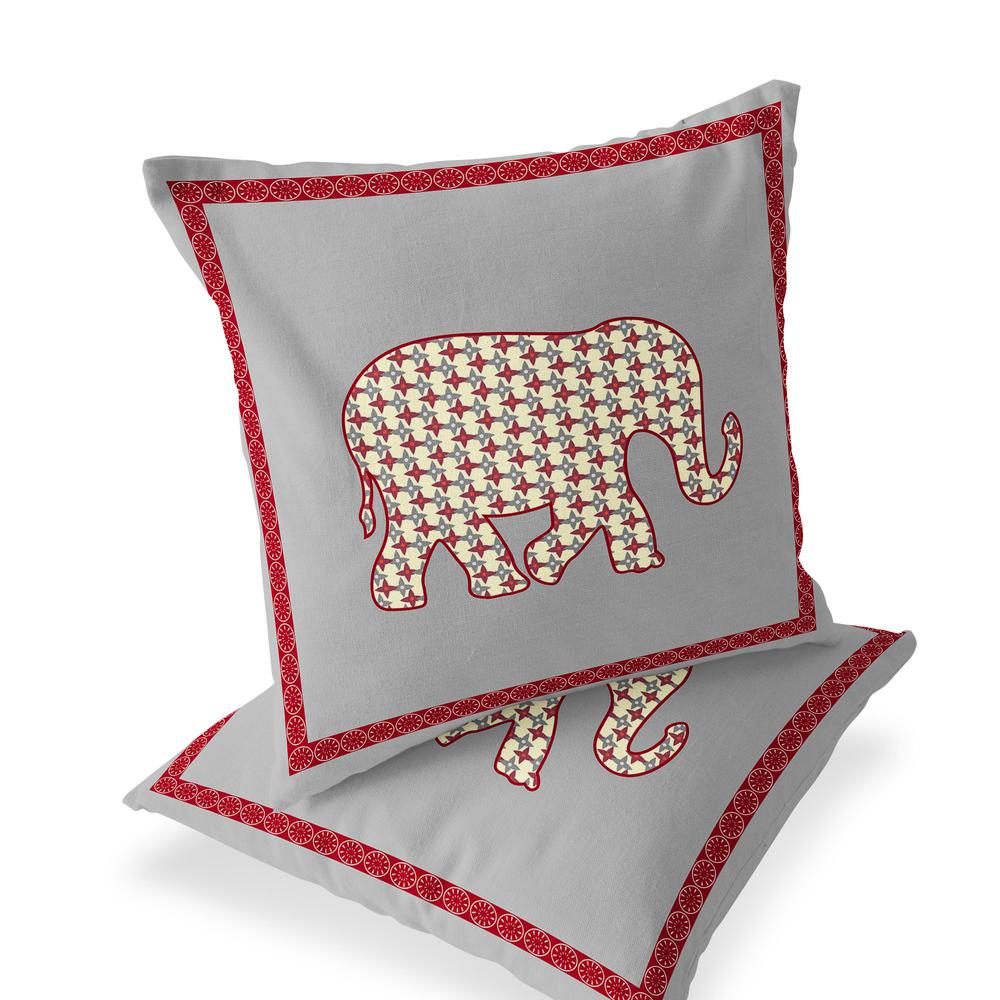 Gray, Red Elephant Blown Seam Animal Print Indoor Outdoor Throw Pillow. Picture 1